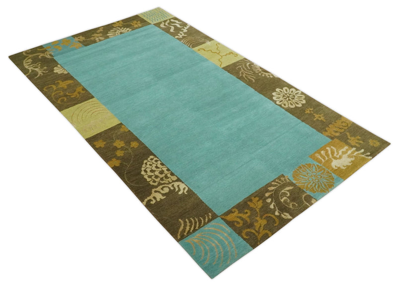 5x8 Teal, Olive and Brown Tradition Floral Boarder Hand knotted Wool and Art Silk Area Rug - The Rug Decor