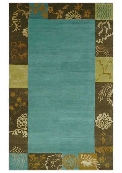 5x8 Teal, Olive and Brown Tradition Floral Boarder Hand knotted Wool and Art Silk Area Rug - The Rug Decor