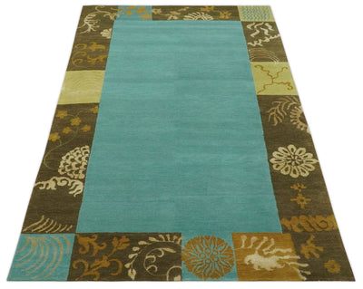 5x8 Teal, Olive and Brown Tradition Floral Boarder Hand knotted Wool and Art Silk Area Rug - The Rug Decor