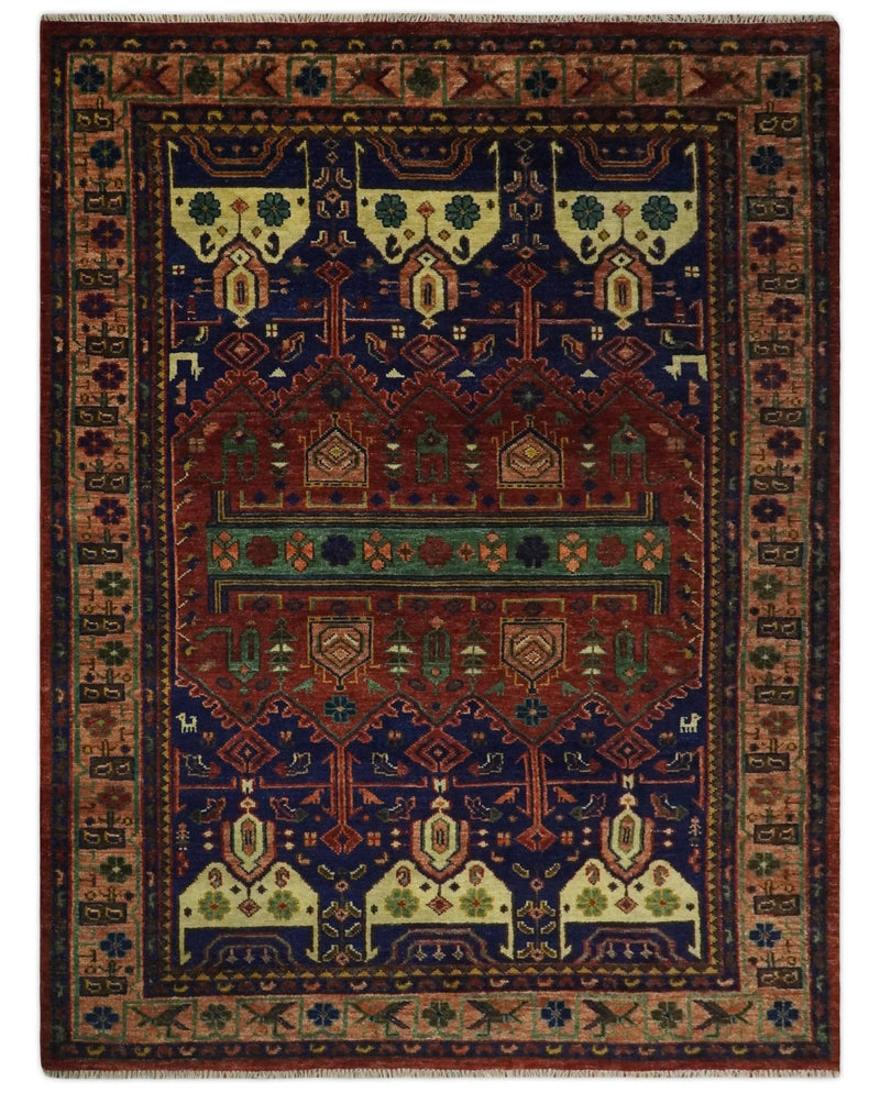 5x8 Wool Traditional Antique Vintage Persian Red and Blue Hand knotted Area Rug | TRDCP19458 - The Rug Decor