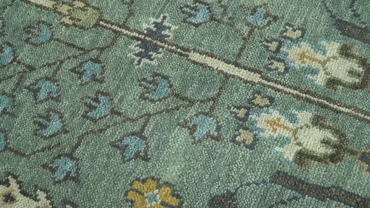 Hand Knotted Aqua Green and Ivory Traditional Turkish Vintage Style Multi Size Wool Area Rug