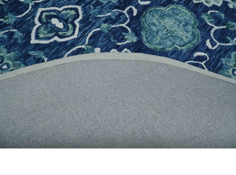 Ivory, Aqua and Blue Traditional Floral Round Hand Tufted Farmhouse Wool Rug