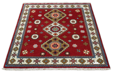 6x6 Square Hand Knotted Antique Kazak Red and Ivory Traditional Tribal Armenian Rug | KZA15 - The Rug Decor