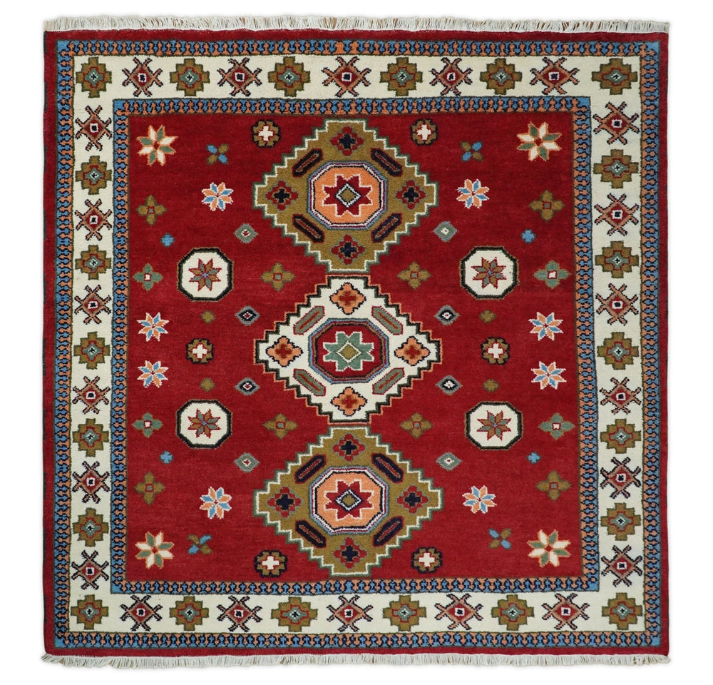 6x6 Square Hand Knotted Antique Kazak Red and Ivory Traditional Tribal Armenian Rug | KZA15 - The Rug Decor