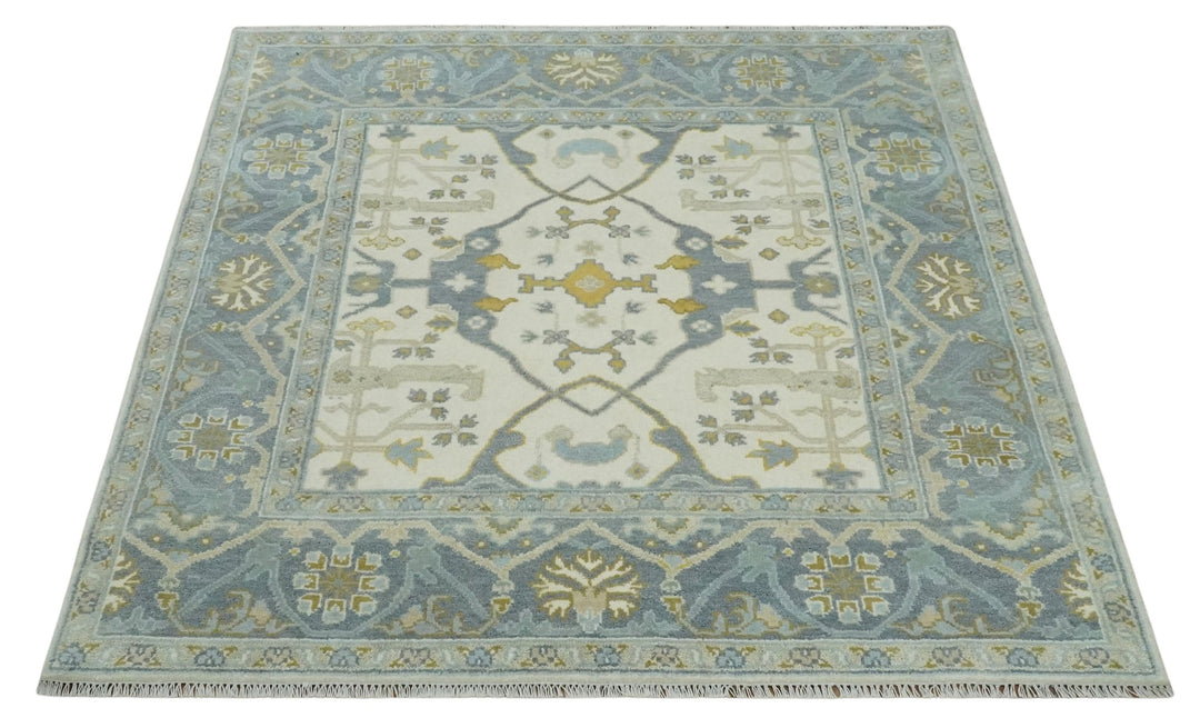 6x6 Square Hand Knotted Oriental Oushak Ivory, Charcoal and Beige Wool Area Rug - The Rug Decor