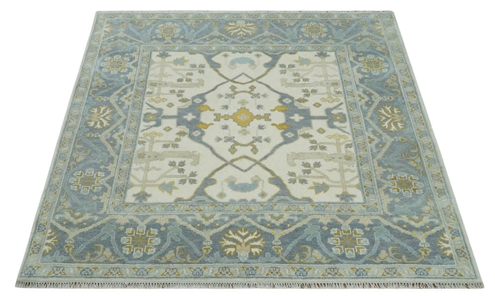 6x6 Square Hand Knotted Oriental Oushak Ivory, Charcoal and Beige Wool Area Rug - The Rug Decor