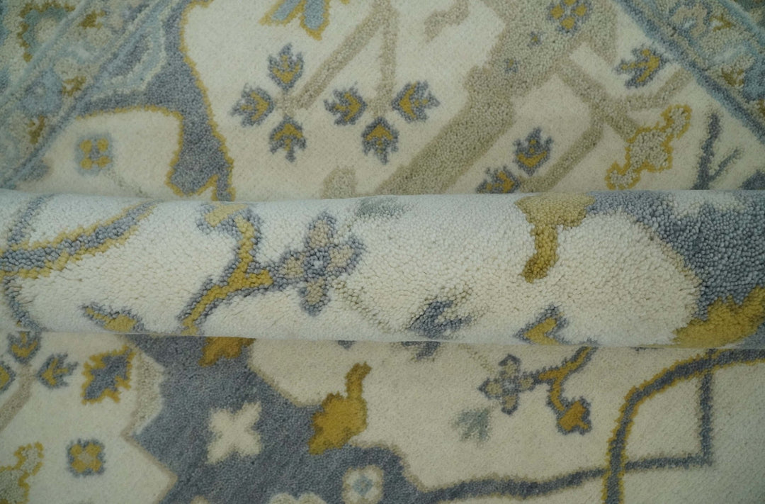 6x6 Square Hand Knotted Oriental Oushak Ivory, Charcoal and Beige Wool Area Rug - The Rug Decor