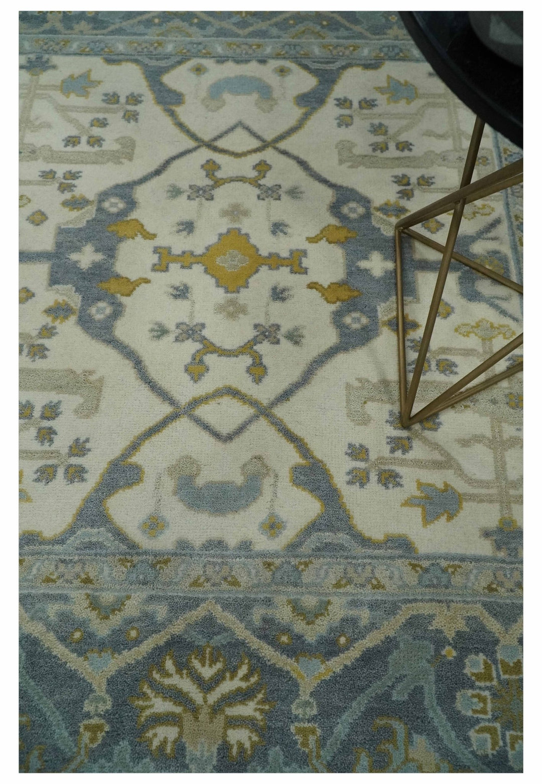 6x6 Square Hand Knotted Oriental Oushak Ivory, Charcoal and Beige Wool Area Rug - The Rug Decor