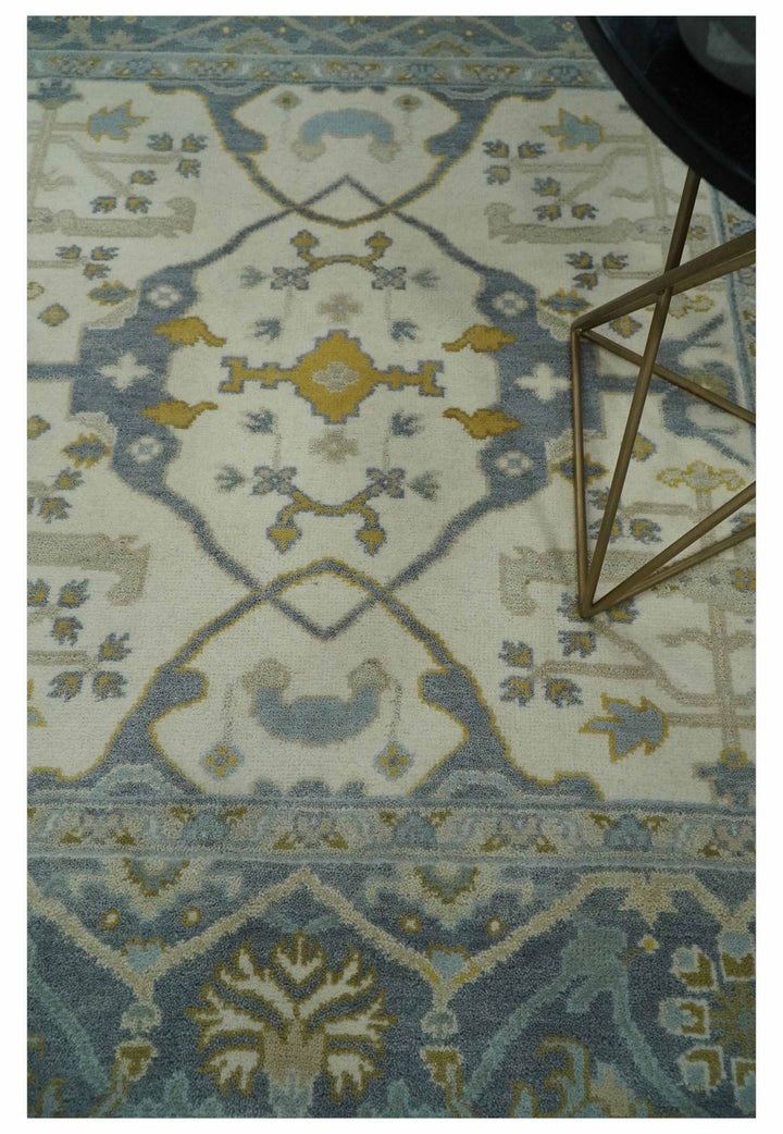 6x6 Square Hand Knotted Oriental Oushak Ivory, Charcoal and Beige Wool Area Rug - The Rug Decor