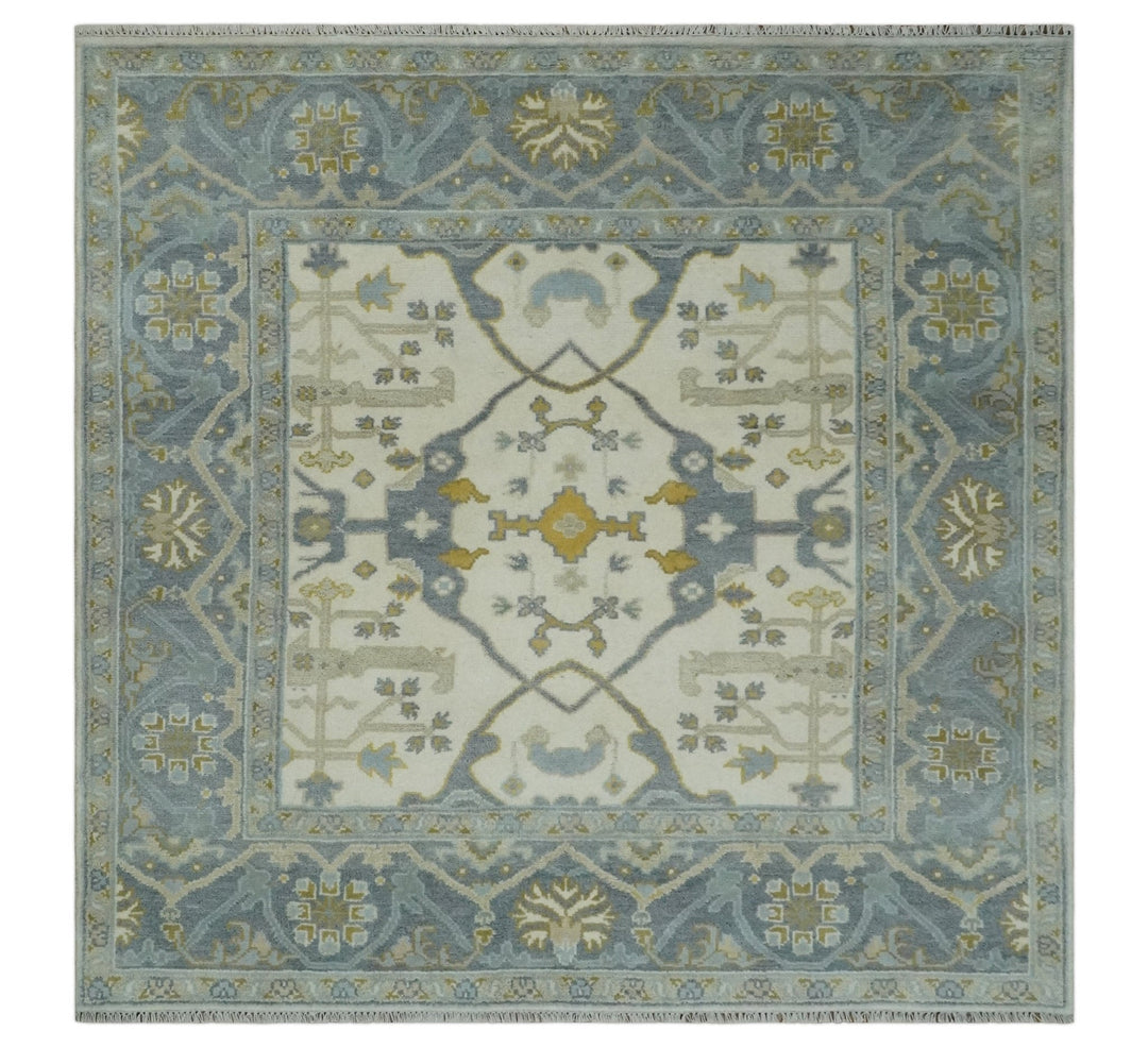 6x6 Square Hand Knotted Oriental Oushak Ivory, Charcoal and Beige Wool Area Rug - The Rug Decor