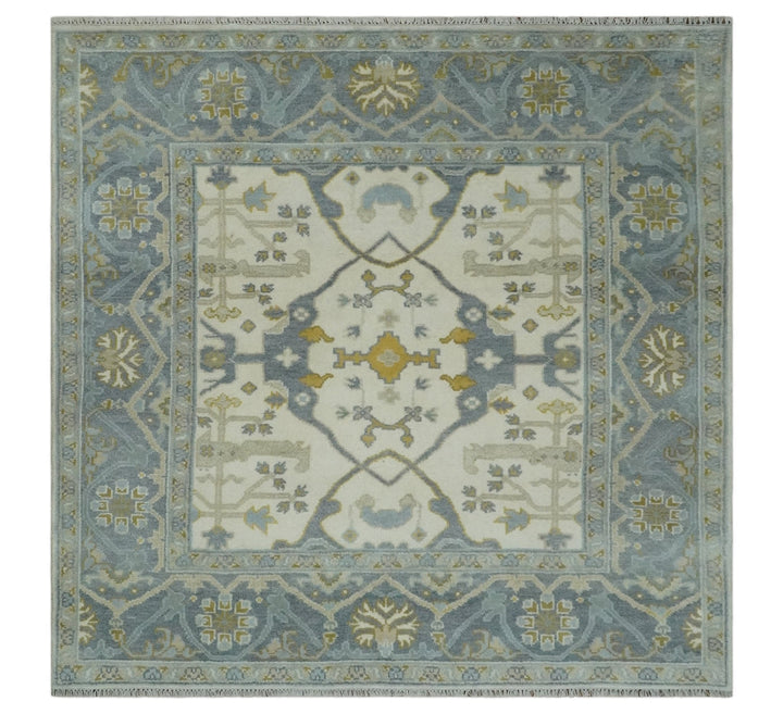 6x6 Square Hand Knotted Oriental Oushak Ivory, Charcoal and Beige Wool Area Rug - The Rug Decor