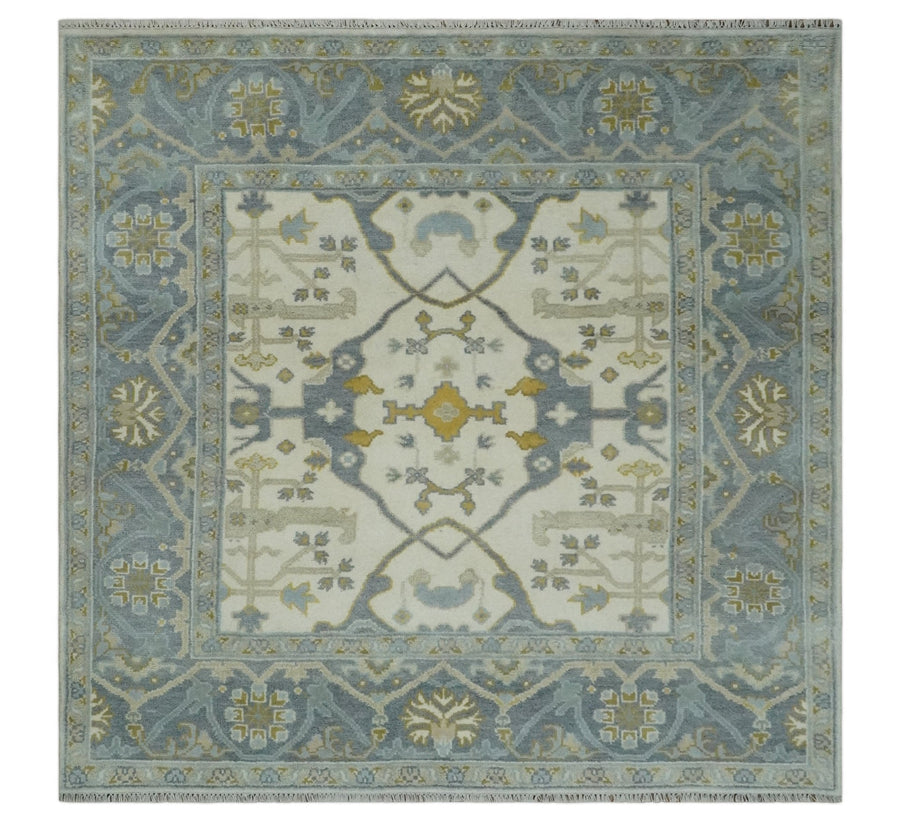 6x6 Square Hand Knotted Oriental Oushak Ivory, Charcoal and Beige Wool Area Rug - The Rug Decor