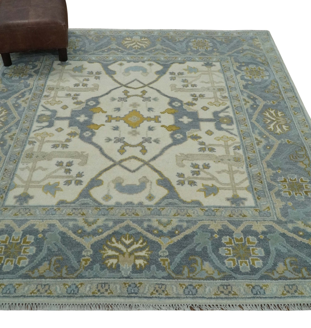 6x6 Square Hand Knotted Oriental Oushak Ivory, Charcoal and Beige Wool Area Rug - The Rug Decor
