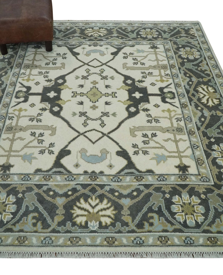 6x6 Square Hand Knotted Oriental Oushak Ivory, Charcoal and Olive Wool Area Rug | TRDCP153266SS - The Rug Decor