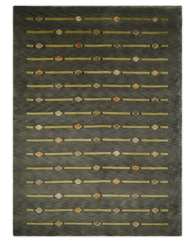 6x8 Gray and Olive Tribal Chinese inspired Wool and silk Hand Woven Rug | HL5 - The Rug Decor