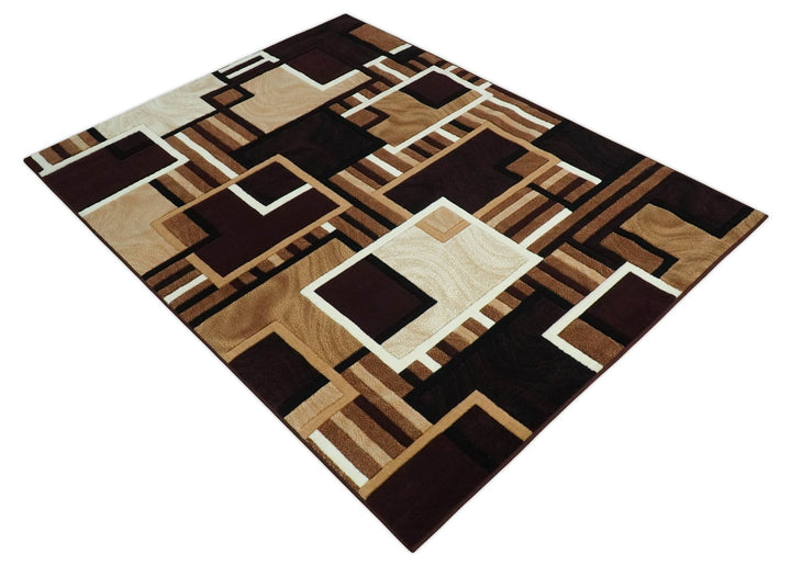 6x8 Power Loomed Brown, Gold, Ivory and Black Geometrical Shapes Frames Area Rug | NMM2 - The Rug Decor