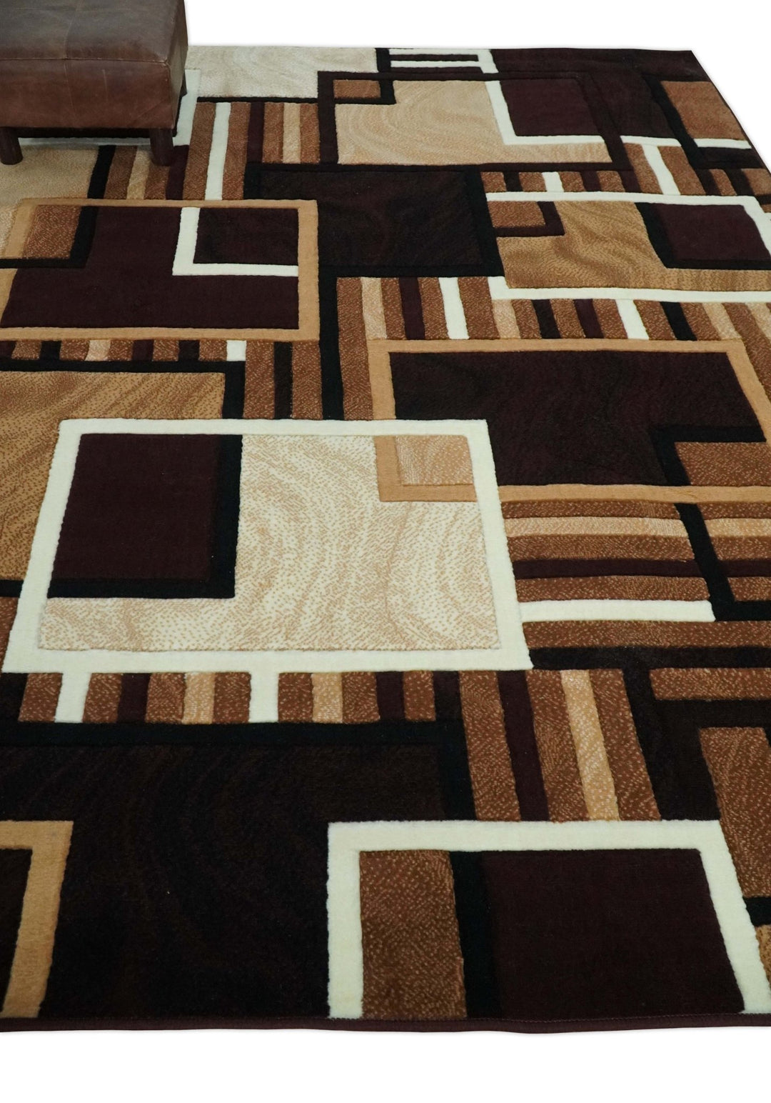 6x8 Power Loomed Brown, Gold, Ivory and Black Geometrical Shapes Frames Area Rug | NMM2 - The Rug Decor
