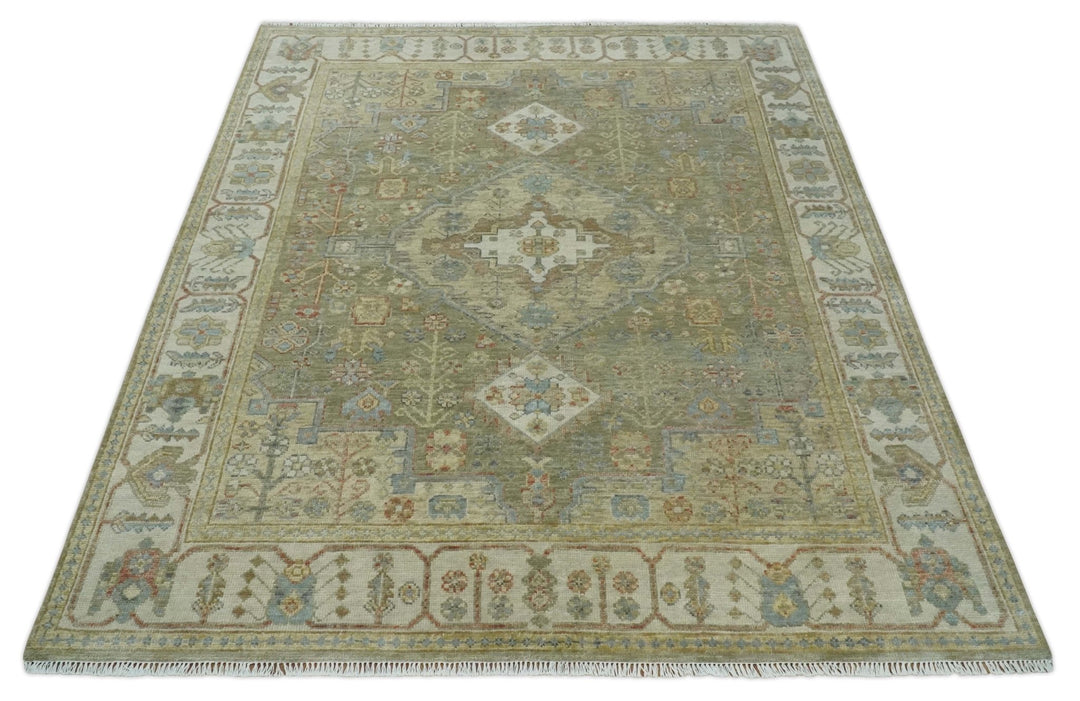 6x9, 8x10, 9x12, 10x14 and 12x15 Hand Knotted Olive and Ivory Traditional Vintage Heriz Serapi Antique Wool Rug | TRDCP1076 - The Rug Decor