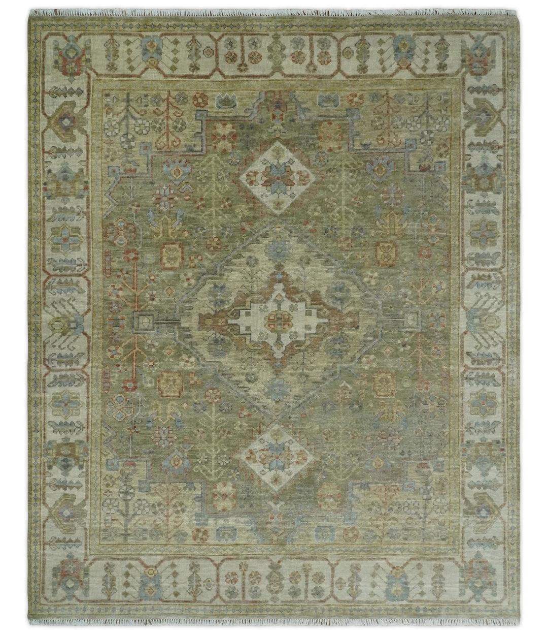 6x9, 8x10, 9x12, 10x14 and 12x15 Hand Knotted Olive and Ivory Traditional Vintage Heriz Serapi Antique Wool Rug | TRDCP1076 - The Rug Decor