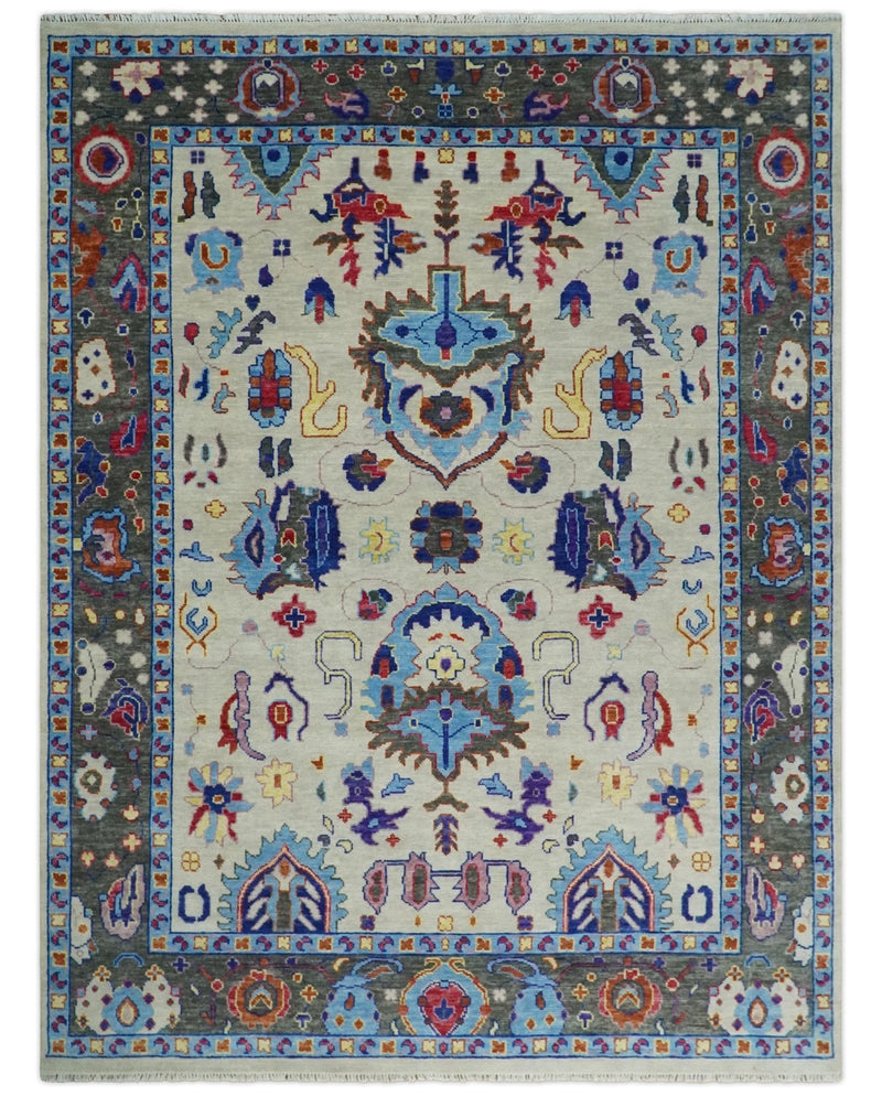 6x9, 8x10, 9x12, 10x14 and 12x15 Wool Traditional Persian Ivory and Gray Vibrant Colorful Hand knotted Oushak Area Rug | TRDCP1039 - The Rug Decor