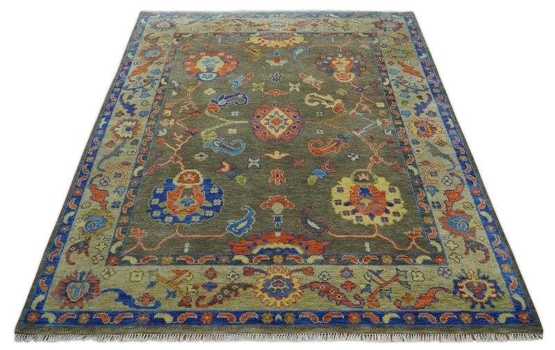 6x9, 8x10, 9x12, 10x14 and 12x15 Wool Traditional Persian Olive and Blue Vibrant Colorful Hand knotted Oushak Area Rug | TRDCP1079 - The Rug Decor