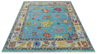6x9, 8x10, 9x12, 10x14 and 12x15 Wool Traditional Persian Teal and Ivory Vibrant Colorful Hand knotted Oushak Area Rug | TRDCP1069 - The Rug Decor