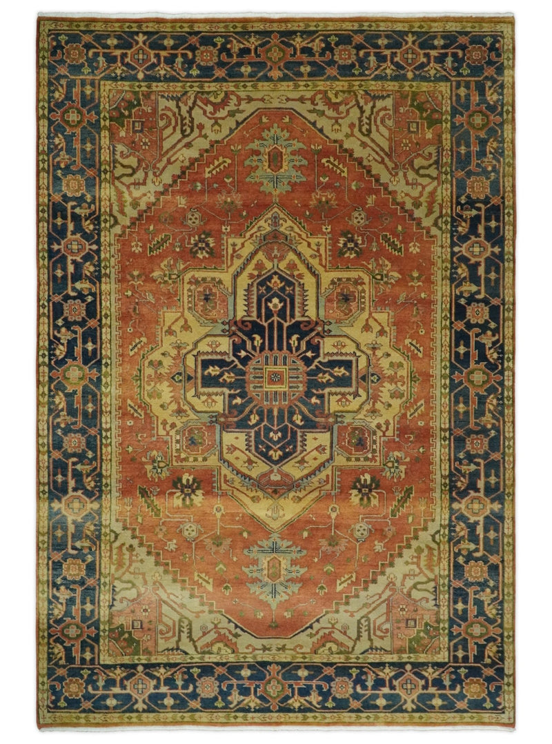 6x9 and 9x12 Red and Blue Antique Persian Heriz Serapi Hand knotted wool Area Rug | TRD752 - The Rug Decor