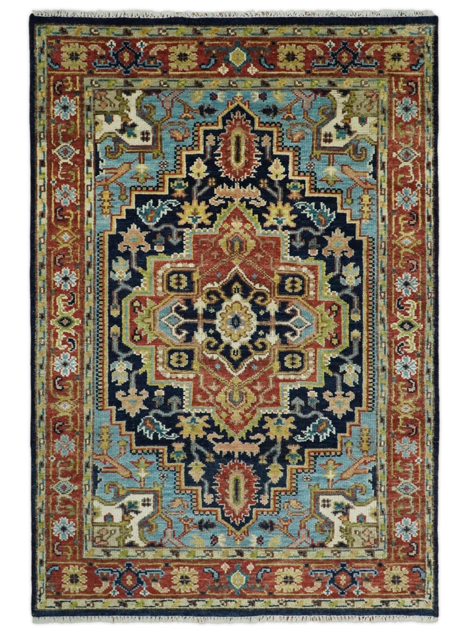 Custom Made Blue and Rust Hand Knotted Wool Antique Style Wool Area Ru ...