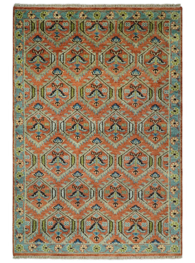 6x9 Blue and Rust Hand Knotted Wool Antique Vintage Persian Area Rug | TRDCP22969 - The Rug Decor