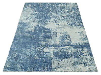6x9 Blue, Ivory and Gray Modern Abstract Hand Loomed Blended wool and Art silk Area Rug - The Rug Decor