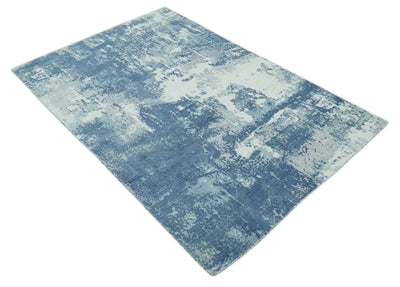 6x9 Blue, Ivory and Gray Modern Abstract Hand Loomed Blended wool and Art silk Area Rug - The Rug Decor