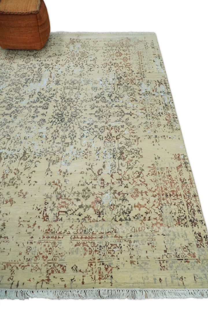 6x9 Fine Hand Knotted Beige and Rust Traditional Vintage Persian Style Antique Wool and Silk Rug | AGR2 - The Rug Decor