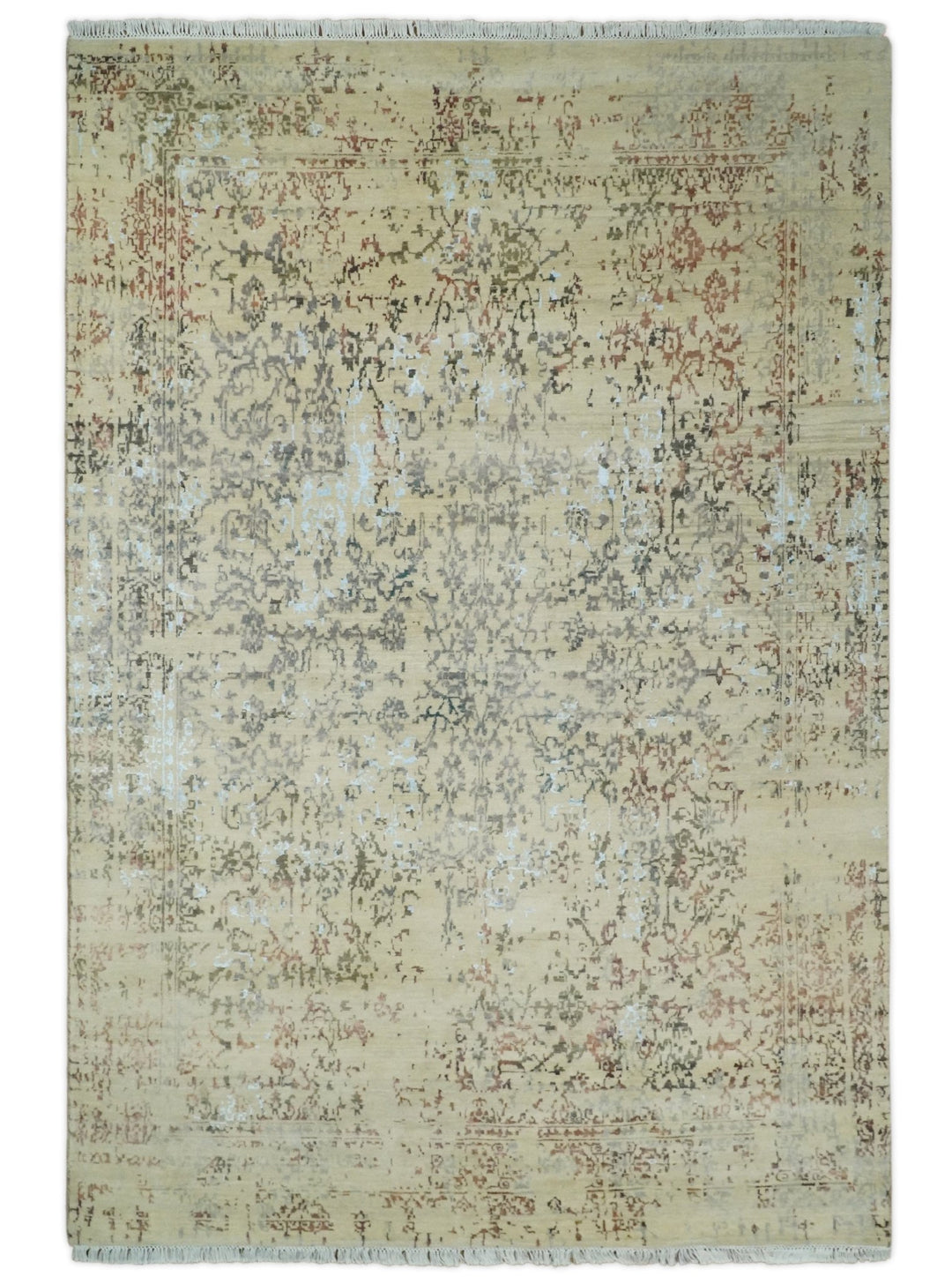 6x9 Fine Hand Knotted Beige and Rust Traditional Vintage Persian Style Antique Wool and Silk Rug | AGR2 - The Rug Decor