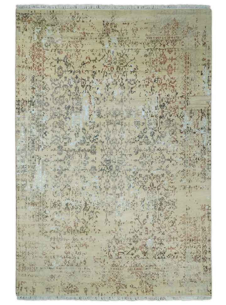 6x9 Fine Hand Knotted Beige and Rust Traditional Vintage Persian Style Antique Wool and Silk Rug | AGR2 - The Rug Decor