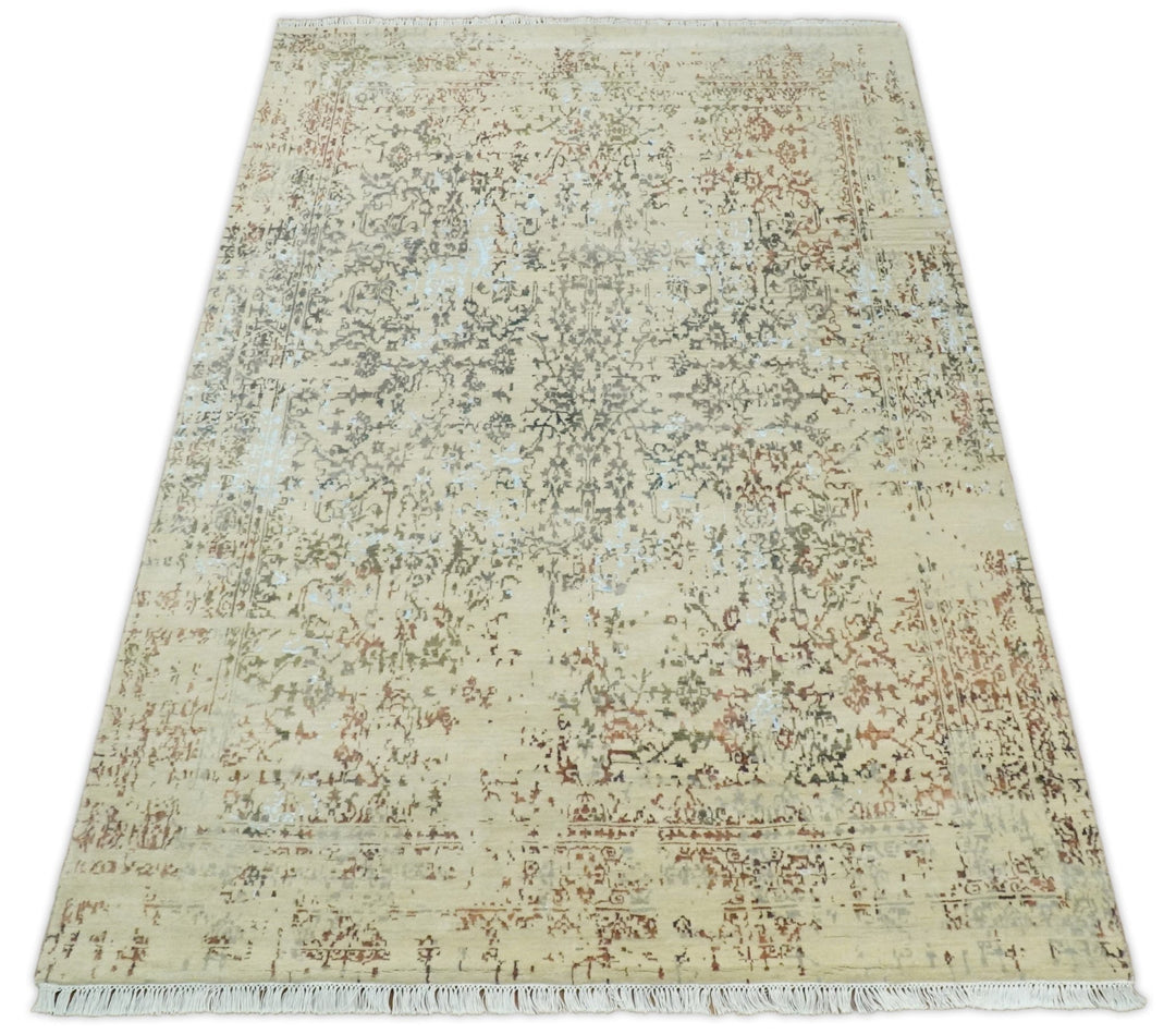 6x9 Fine Hand Knotted Beige and Rust Traditional Vintage Persian Style Antique Wool and Silk Rug | AGR2 - The Rug Decor