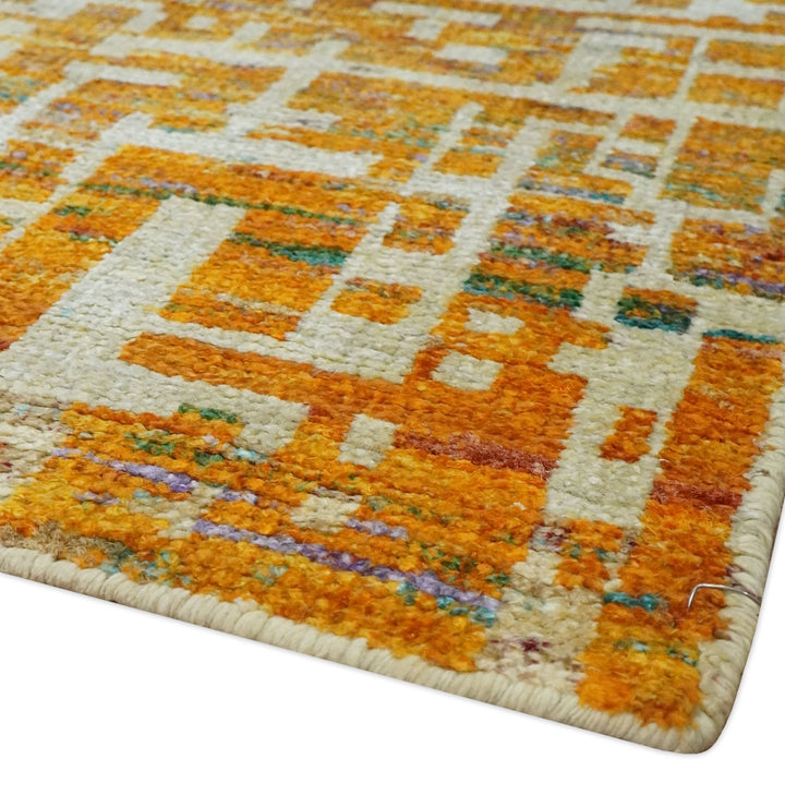 6x9 Gold, Ivory and rust Modern Abstract Recycled Silk Area Rug - The Rug Decor