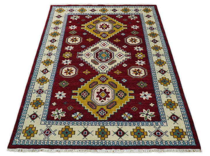 6x9 Hand Knotted Antique Kazak Red and Beige Traditional Tribal Armenian Rug | KZA16 - The Rug Decor