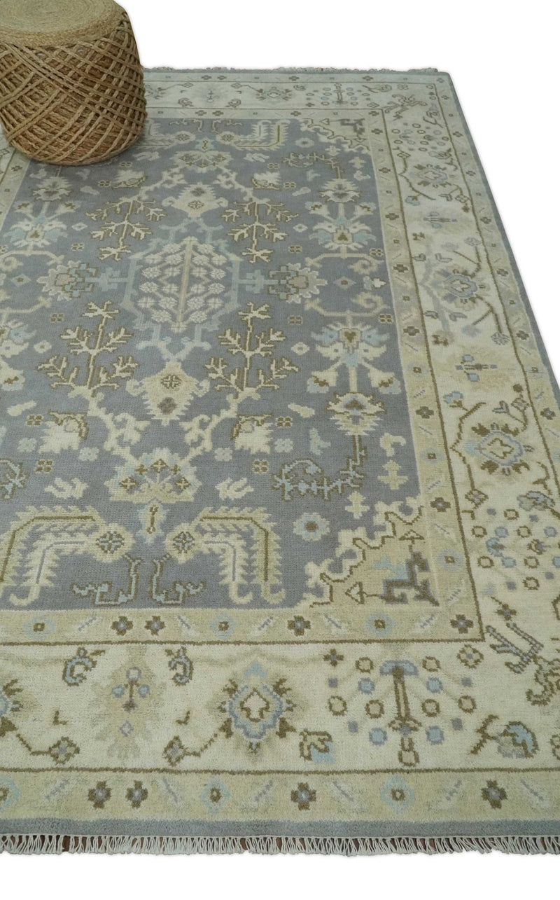 6x9 Hand Knotted Antique Silver, Beige and Brown Traditional Persian Vintage Oushak Wool Rug | TRDCP808 - The Rug Decor