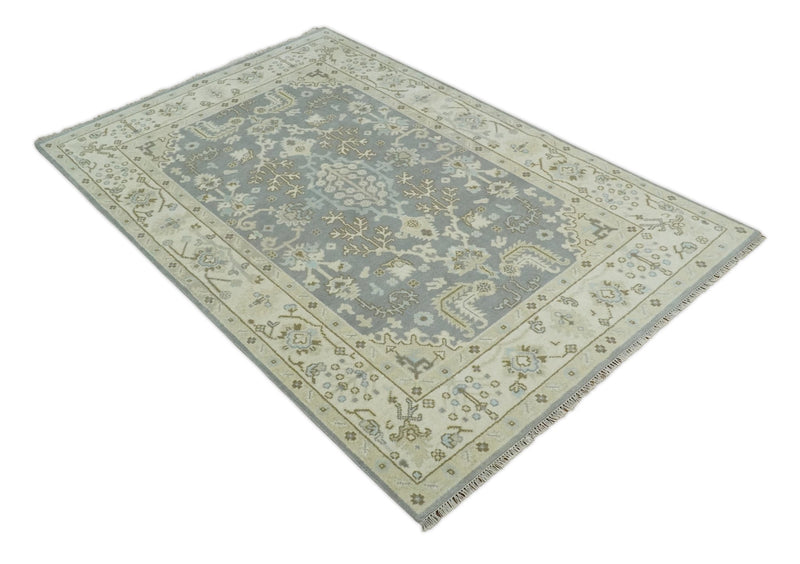 6x9 Hand Knotted Antique Silver, Beige and Brown Traditional Persian Vintage Oushak Wool Rug | TRDCP808 - The Rug Decor