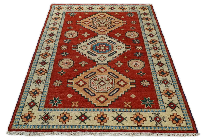 6x9 Hand Knotted traditional Kazak Rust and Beige Traditional Armenian Rug | KZA13 - The Rug Decor