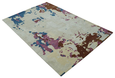 6x9 Ivory, Blue and Brown Traditional Abstract Hand Tufted Wool Area Rug - The Rug Decor