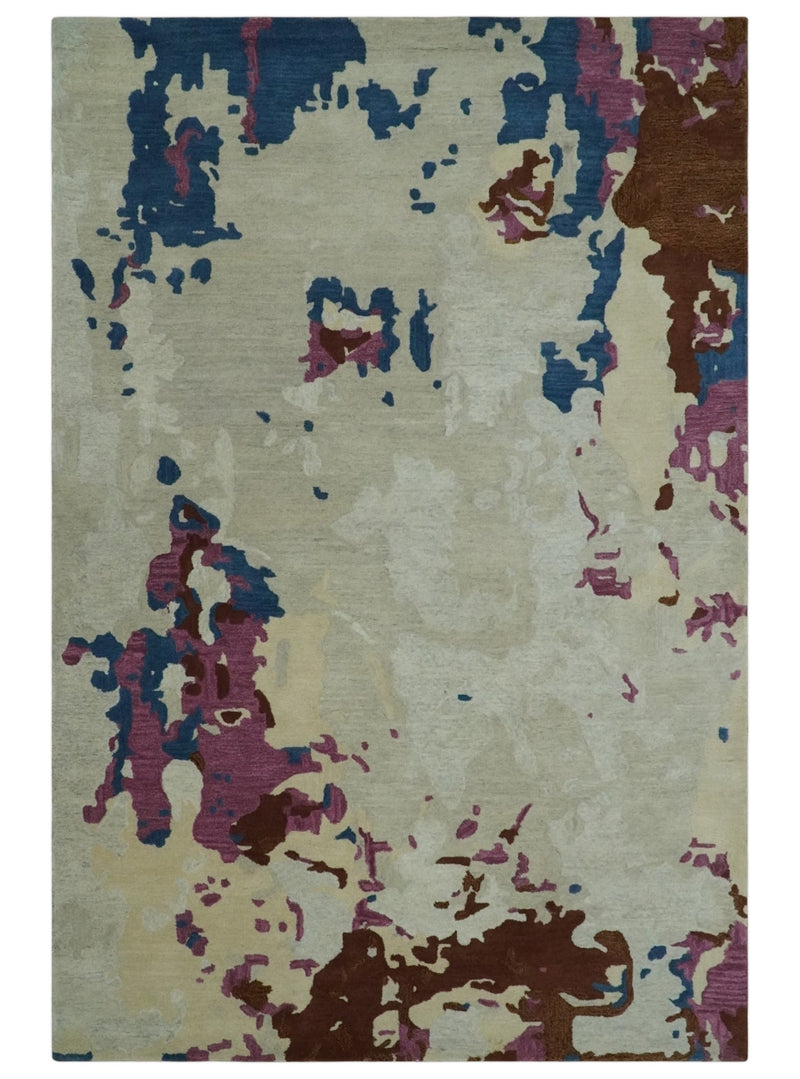 6x9 Ivory, Blue and Brown Traditional Abstract Hand Tufted Wool Area Rug - The Rug Decor
