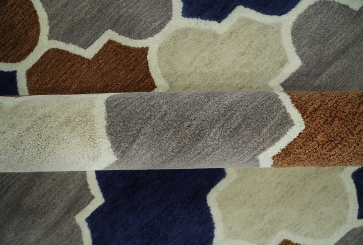 6x9 Ivory, Blue, Brown and Silver Ikat Pattern Hand Tufted Wool Area Rug - The Rug Decor