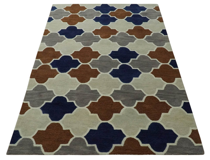 6x9 Ivory, Blue, Brown and Silver Ikat Pattern Hand Tufted Wool Area Rug - The Rug Decor