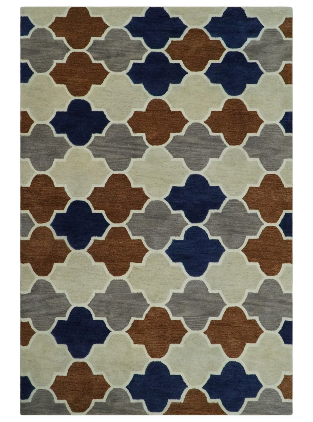 6x9 Ivory, Blue, Brown and Silver Ikat Pattern Hand Tufted Wool Area Rug - The Rug Decor