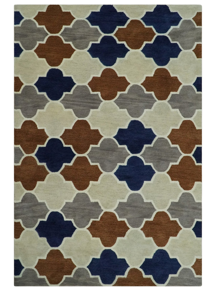6x9 Ivory, Blue, Brown and Silver Ikat Pattern Hand Tufted Wool Area Rug - The Rug Decor