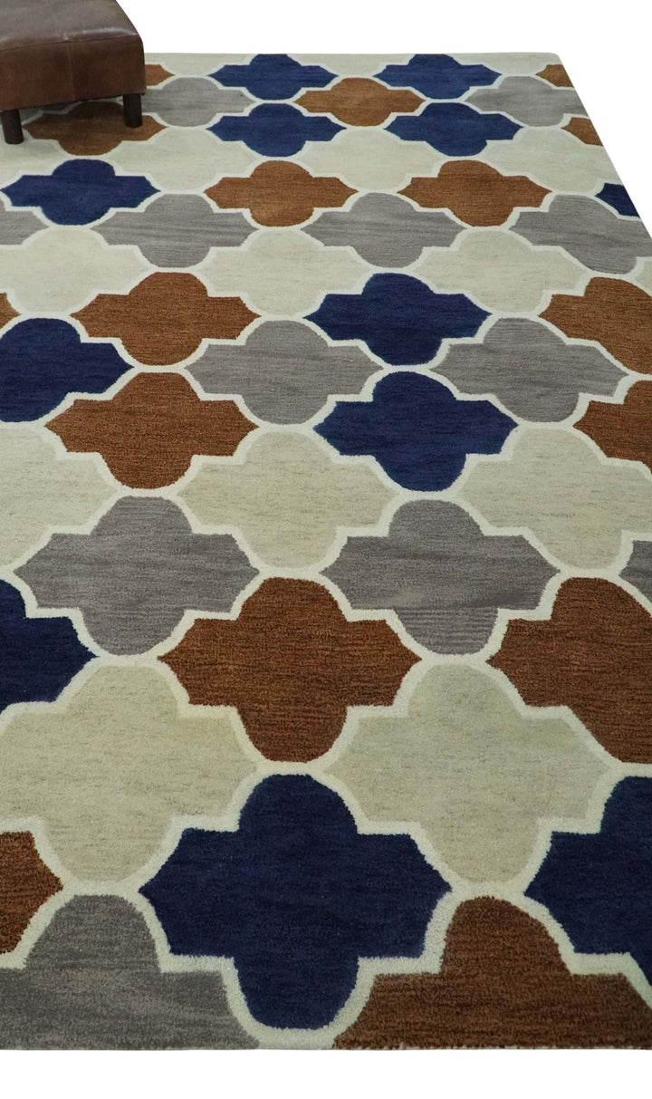 6x9 Ivory, Blue, Brown and Silver Ikat Pattern Hand Tufted Wool Area Rug - The Rug Decor