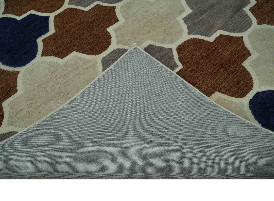 6x9 Ivory, Blue, Brown and Silver Ikat Pattern Hand Tufted Wool Area Rug - The Rug Decor