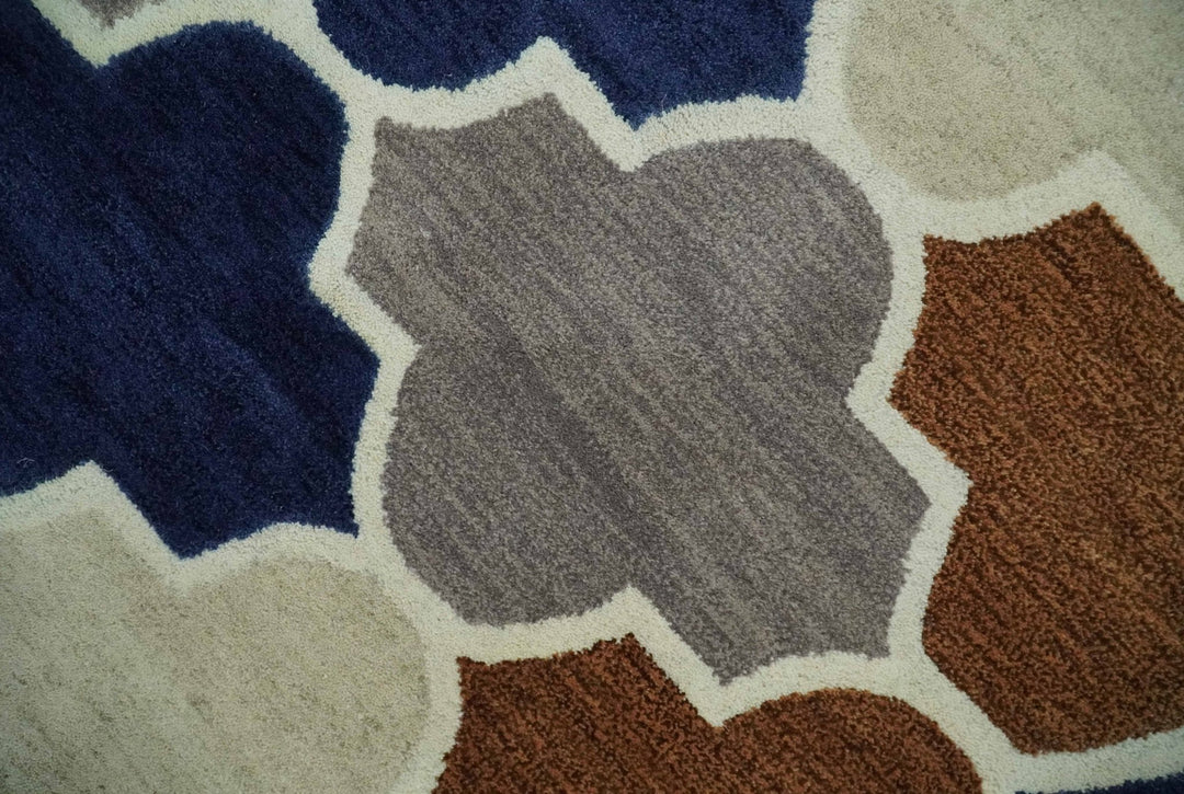 6x9 Ivory, Blue, Brown and Silver Ikat Pattern Hand Tufted Wool Area Rug - The Rug Decor