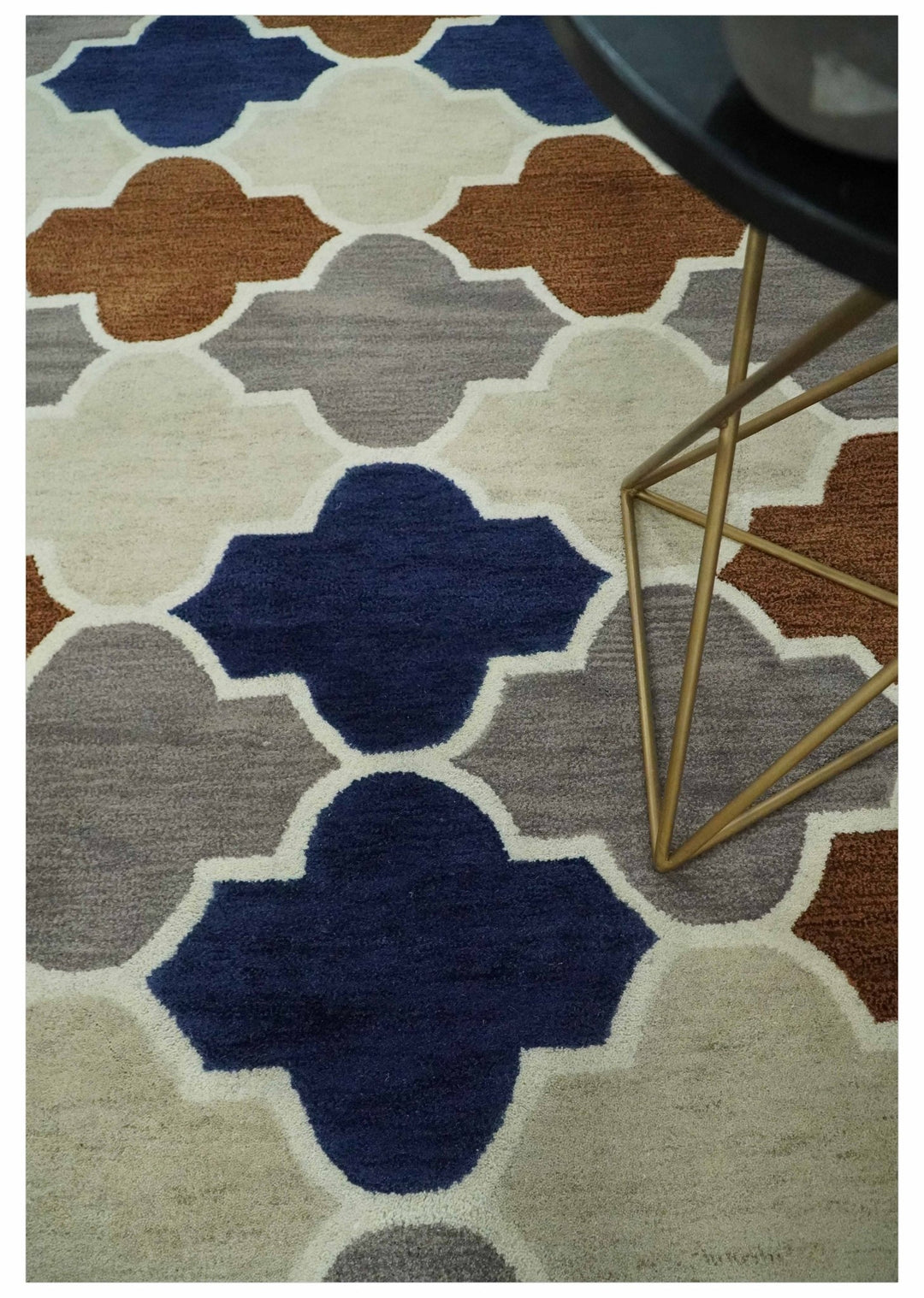 6x9 Ivory, Blue, Brown and Silver Ikat Pattern Hand Tufted Wool Area Rug - The Rug Decor